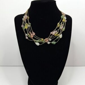 Multi Strand Layered Necklace Pastel Acrylic Beaded Gold Tone Chain Jewelry 16in